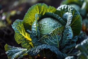 ai generiert Nahansicht von organisch Kohl Kopf und Blätter wachsend im ein Garten Bett foto