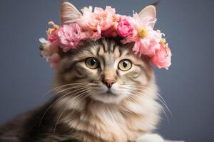 ai generiert Tabby Katze mit Rosa Blumen Kranz auf Kopf auf ein grau Hintergrund foto