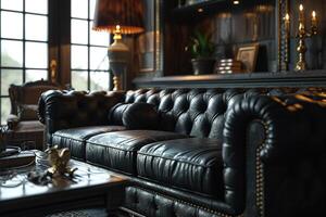 ai generiert luxuriös schwarz Leder groß Sofa im ein klassisch Zimmer Innere foto