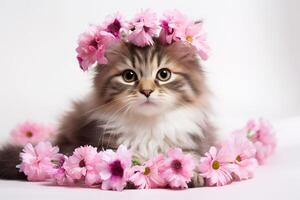 ai generiert süß flauschige Tabby Kätzchen mit Rosa Blumen auf ein Weiß Hintergrund foto