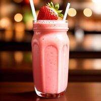 ai generiert gesund Erdbeere Smoothie im ein transparent Glas mit Erdbeeren. generativ ai. foto