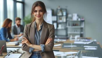 ai generiert weiblich Geschäft Führer Stehen im modern Arbeitsplatz und suchen beim Kamera Arbeiten Frau tragen ein braun passen foto