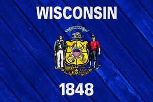 Flagge von Wisconsin USA Zustand auf ein texturiert Hintergrund. Konzept Collage. foto
