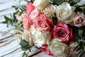 ai generiert Nahansicht schön Weiß und Rosa Rosen Braut- Strauß auf Weiß hölzern Tabelle foto