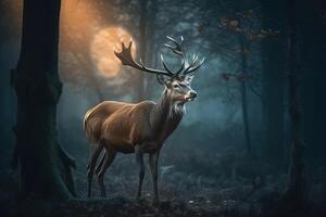ai generiert Hirsch im das Nacht nebelig Wald foto