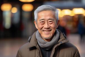 ai generiert Porträt von ein Alten asiatisch grau behaart Mann lächelnd im ein Jacke und Schal auf ein verschwommen Hintergrund von ein Öffentlichkeit Platz foto