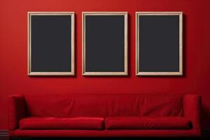 ai generiert Innere von ein rot Zimmer mit ein Sofa und drei Modelle von leeren Bilder im hölzern Frames auf ein rot Mauer foto