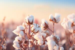 ai generiert Nahansicht von ein flauschige Baumwolle Zweig im ein Feld auf ein verschwommen Hintergrund foto