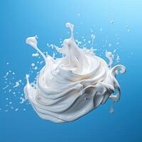 ai generiert fallen Weiß Sahne Milch Joghurt Spritzen fallen auf ein Blau Hintergrund foto