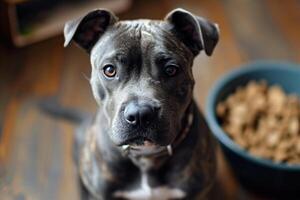 ai generiert grau Pitbull Hund fragen Essen foto