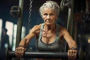 ai generiert Alten grau Haar stark Frau beim ein Gewicht Ausbildung Maschine beim ein Fitnessstudio foto