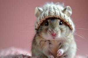 ai generiert bezaubernd flauschige inländisch Hamster im ein warm gestrickt Hut auf ein Rosa Hintergrund foto