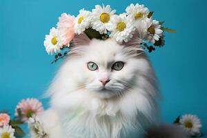 ai generiert Porträt von flauschige Weiß Katze mit Blumen Kranz auf Kopf auf ein Blau Hintergrund foto