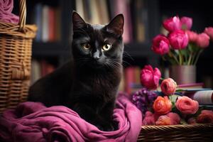 ai generiert süß inländisch schwarz Katze Sitzung auf ein Rosa Decke beim Zuhause mit Blumen auf Hintergrund foto