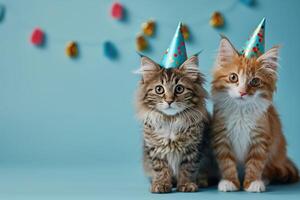 ai generiert zwei festlich bezaubernd flauschige Katzen im Party Hüte auf ein Blau Hintergrund foto