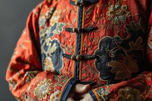 ai generiert Nahansicht Einzelheiten von traditionell rot Seide Chinesisch Kleidung foto