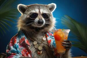 ai generiert Waschbär Tourist im ein hawaiisch Shirt, Sonnenbrille und Halskette halten ein Glas von tropisch Cocktail während Sitzung auf ein Blau Hintergrund unter Palme Blätter foto