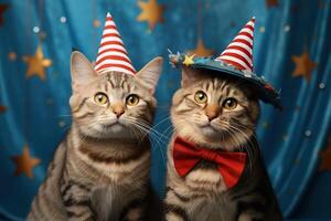 ai generiert zwei festlich bezaubernd Tabby Katzen im Party Hüte auf ein Blau Hintergrund mit Sterne foto