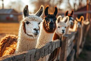 ai generiert Herde von ein Lama oder Alpaka im ein eingezäunt im Bereich auf ein Bauernhof auf Sonnenuntergang foto