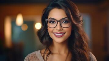 ai generiert jung Erwachsene zuversichtlich attraktiv indisch Frau, schön Dame tragen Gläser, schließen oben foto
