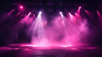 ai generiert Bühne Licht mit rot Rosa lila Scheinwerfer und Rauch. Konzert und Theater dunkel Szene foto