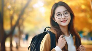 ai generiert schön Schüler asiatisch Mädchen mit Rucksack und Brille im das Park, Herbst. Bildung Lernen foto