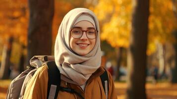 ai generiert schön Schüler lächelnd Mädchen mit Hijab Rucksack Brille im das Park, Herbst. Bildung Lernen foto