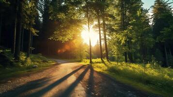 ai generiert Berg Straße im Grün Wald mit Sonnenuntergang. Natur, Weg, reisen, Reise, Abenteuer foto