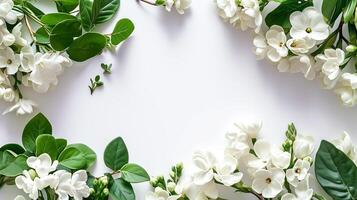 ai generiert romantisch Frühling Hintergrund mit Vögel und Blumen. zwei grau Vögel auf ein Hintergrund von Weiß Blumen Plumeria isoliert auf Weiß Hintergrund mit Raum zum Text. foto