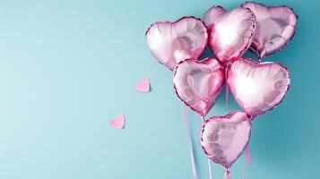 ai generiert Rosa Helium Luftballons im das gestalten von ein Herz auf ein Blau horizontal Banner. vereiteln Luftballons - - Liebe Konzept. Dekoration zum Valentinstag Tag oder Hochzeit, neugeboren. foto