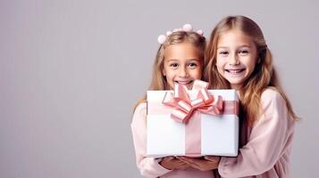 ai generiert Mädchen mit Geschenk zum Mutter Tag halten ein Geschenk Kasten, Über grau-rosa Hintergrund. foto