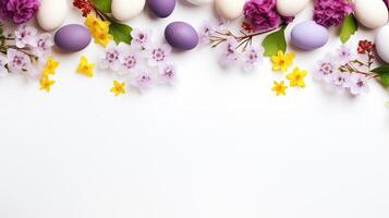 ai generiert lila Ostern Eier und zart Frühling Blumen auf ein Weiß Hintergrund mit Kopieren Raum. foto