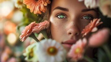 ai generiert detailliert Porträt von ein glücklich Mädchen mit Sommersprossen versteckt ihr Gesicht im Blumen auf ein sonnig Tag. Lebensstil Schuss von ein jung europäisch Mädchen mit Grün Augen im Natur unter Blumen. foto