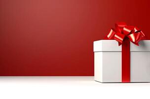 ai generiert elegant Weiß Geschenk Box mit ein strahlend rot Bogen auf ein beschwingt rot Hintergrund. foto