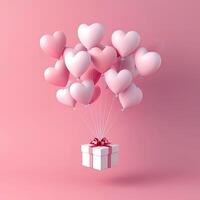 ai generiert Valentinstag Tag Hintergrund mit Geschenk Box und Rosa Herz Luftballons. Valentinsgrüße Tag Konzept 3d Herz geformt Luftballons fliegend mit Geschenk Box auf Rosa Hintergrund. foto