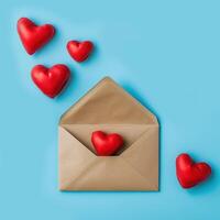 ai generiert Kraft Briefumschlag und rot Herzen auf ein Blau Hintergrund. Valentinstag Tag Banner. Postkarte zum Februar 14. ein rot Herz können Sein gesehen von das öffnen Umschlag. foto