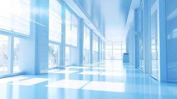 ai generiert Aussicht von ein Gang mit Glas Fenster von ein schön Gebäude. Innere von ein modern Büro Gebäude mit Blau Glas Wände. Krankenhaus Gang mit geduldig im Krankenhaus. foto