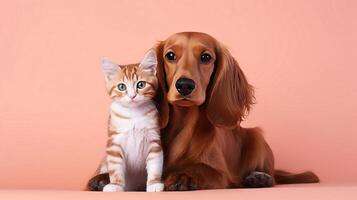 ai generiert rot Hund und Kätzchen auf Pfirsich Hintergrund, Pantone Farbe 2024. Studio Porträt von ein süß Kätzchen und ein Pflege Dackel. süß Paar von Haustiere. Haustier Pflege Konzept. foto