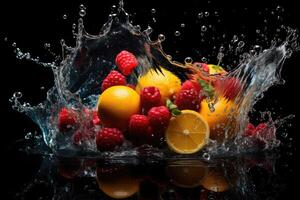 ai generiert frisch saftig Beeren Himbeere und Zitrusfrüchte Orange im Wasser Spritzen Tropfen isoliert auf schwarz Hintergrund. foto