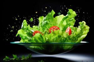 ai generiert Grün frisch Grüner Salat Blatt im Glas Schüssel auf dunkel schwarz Hintergrund. Diät und gesund Ernährung Konzept foto