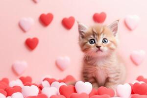 ai generiert Porträt von ein süß wenig grau ausgezogen flauschige inländisch Katze auf ein rot Hintergrund mit Liebe Herzen foto