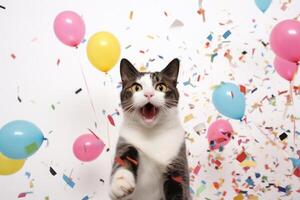 ai generiert süß bezaubernd Geburtstag Katze mit Konfetti und bunt Luftballons Sitzung auf Weiß Hintergrund foto