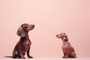 ai generiert zwei süß bezaubernd braun Dackel Hund Sitzung auf Pastell- Rosa Hintergrund. foto