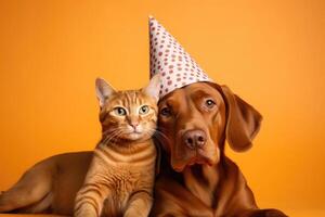 ai generiert süß bezaubernd Geburtstag rot Hund im Party Hut mit Kätzchen Katze Sitzung auf Gelb Orange Hintergrund foto