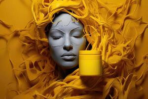 ai generiert grau Gesicht von jung Frau unter feuchtigkeitsspendend Maske im ein Spritzen von Gelb farbig Sahne foto