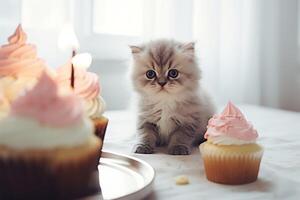 ai generiert flauschige süß Kätzchen Katze Sitzung im Vorderseite von festlich Kuchen mit Kerze feiern ein Geburtstag Party foto