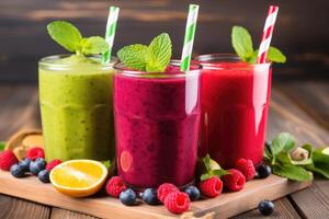 ai generiert Beere frisch organisch Smoothie mit Vitamine, hausgemacht gemischt Obst Getränk auf hölzern Hintergrund foto