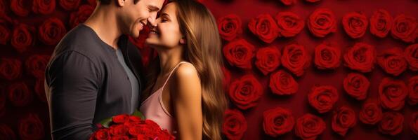 ai generiert glücklich jung Paar feiern Valentinstag Tag im ein groß Zimmer. rot Hintergrund mit ein groß Strauß von rot Blumen foto