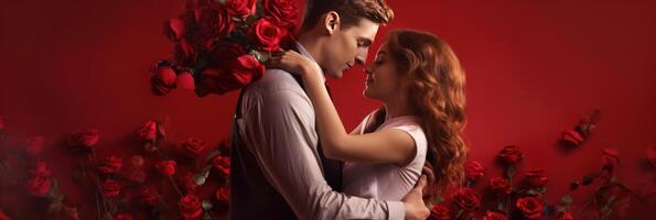 ai generiert glücklich jung Paar feiern Valentinstag Tag im ein groß Zimmer. rot Hintergrund mit ein groß Strauß von rot Blumen foto