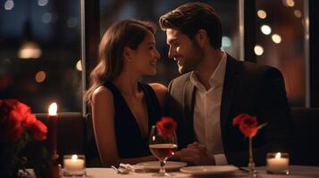 ai generiert Paar im Anzüge haben ein romantisch Abendessen im ein modern Restaurant feiern Valentinstag Tag foto